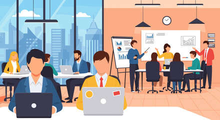 Diverse business team collaborating in a modern office, ideal for website banners or presentations.