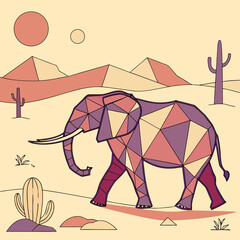 Obraz premium Stylized geometric elephant walking through a desert landscape