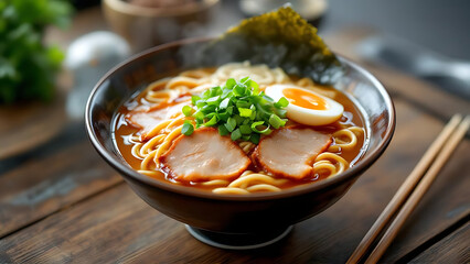 Steaming bowl of delicious ramen with pork, egg, and noodles, ready to enjoy