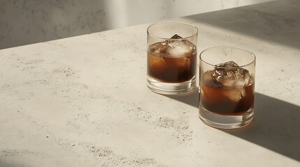 Two glasses of iced coffee on a light concrete table