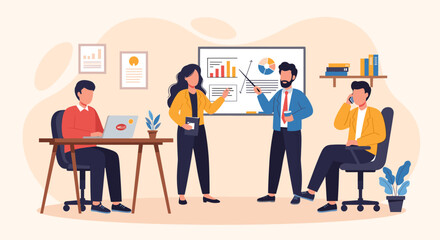 Business team meeting, brainstorming and presenting data on a whiteboard. Ideal for presentations, reports, and website landing pages.