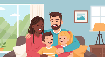 Happy diverse family laughing together on a sofa at home, perfect for family blogs, websites, or advertisements.