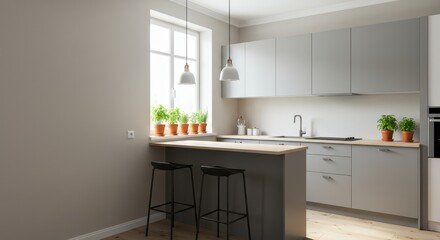 Modern Minimalist Kitchen Design with Natural Light, Plants, and Sleek Cabinetry for Contemporary Home Decor