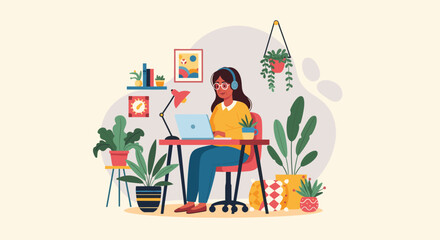 Woman working from home at her laptop, surrounded by plants. Perfect for blog posts about remote work, productivity, or well-being.