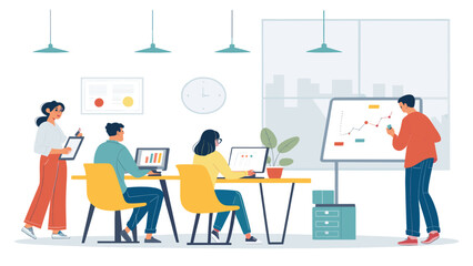 Teamwork in a modern office: Diverse group collaborating on project, perfect for website or presentation.