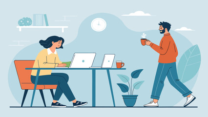 Modern illustration of two coworkers in an office, perfect for articles about teamwork, collaboration, or office life.