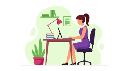 Woman working on laptop at her desk, perfect for website banners or blog posts about remote work.