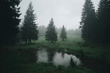 Misty forest with a tranquil pool