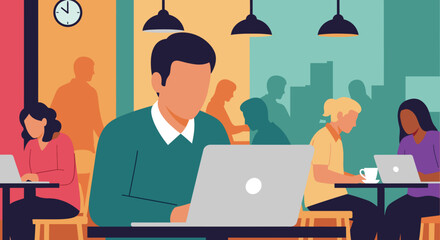 Diverse team working on laptops in a modern cafe, ideal for teamwork and collaboration concepts.