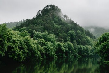 Misty mountaintop reflected in a still forest lake. Lush green trees and foliage surround a tranquil body of water, with a hazy mountain peak rising above