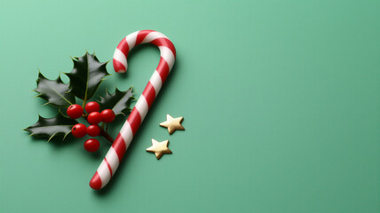 Weihnachtliche Zuckerstange, Stechpalme und goldene Sterne isoliert auf gr&uuml;nem Hintergrund, Gru&szlig;karte Weihnachten