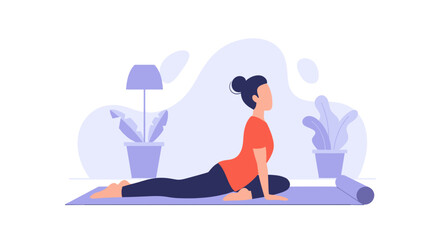 Woman practicing yoga at home, perfect for wellness websites and blog posts.