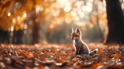 Adorable fox kit sitting amidst autumn leaves in a sunlit forest.