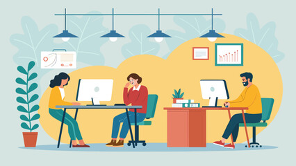 Modern office workers collaborating on projects, ideal for website banners or company brochures.