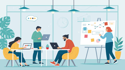 Teamwork, brainstorming, and project planning: Illustration of a collaborative work environment ideal for websites and presentations.