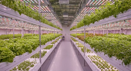 Modern Indoor Vertical Farm with Lush Green Lettuce and Basil Under LED Grow Lights in a High-Tech Environment