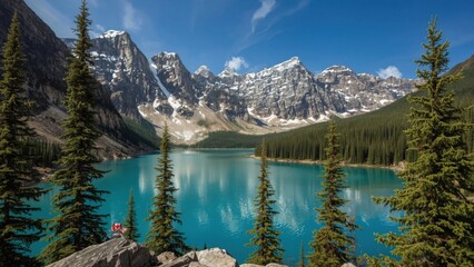 Serene Turquoise Lake Surrounded by Majestic Snow-Capped Mountains and Lush Green Forests