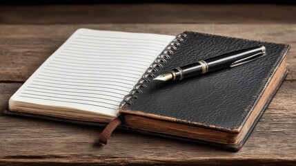 An open notebook with lined pages rests on a dark leather cover, a fountain pen lies across the binding,