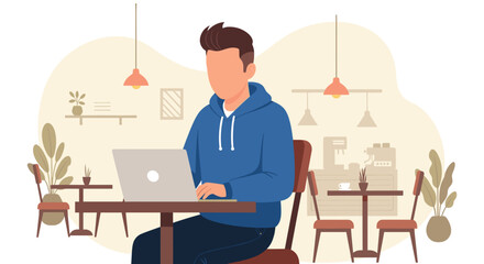 Man working on laptop in cafe, perfect for website banners or blog posts about remote work.