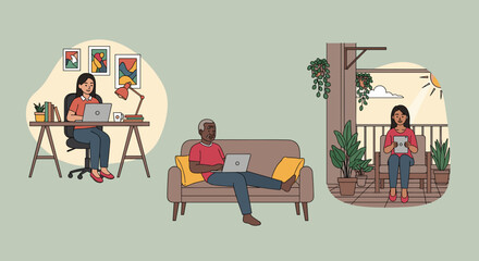 Diverse people working remotely from home, office, and balcony - perfect for illustrating remote work, work-life balance, or telecommuting.