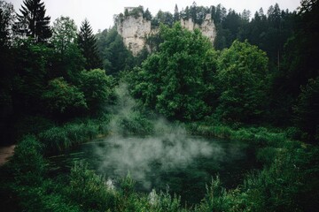 Misty pool in a lush forest, with a rocky cliff