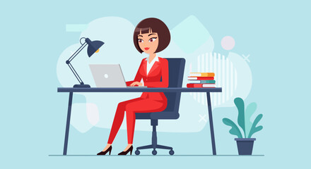 Businesswoman working on laptop at desk, perfect for website banners or corporate brochures.