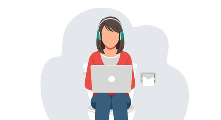 Woman working on laptop while sitting on toilet, illustration for articles about work-life balance or remote work challenges.