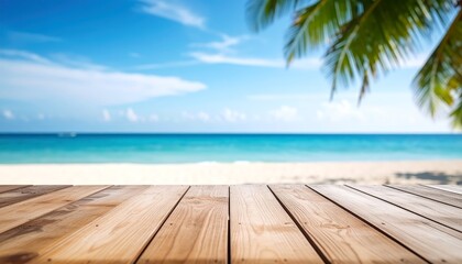 Fototapeta premium Scenic tropical beach paradise, wooden table top with palm tree view