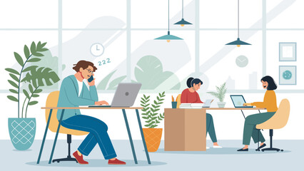 Modern Coworking Space: Illustration of a Team Working on Laptops and Phones