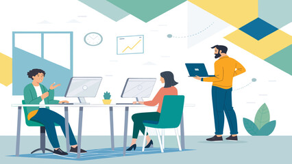 Teamwork in a modern office: Illustration of colleagues collaborating on projects, ideal for websites, presentations, and marketing materials.