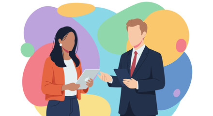 Diverse business colleagues collaborating with tablets, ideal for websites or presentations.