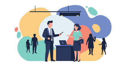 Business meeting illustration: a man presenting to a woman, ideal for presentations or marketing materials.