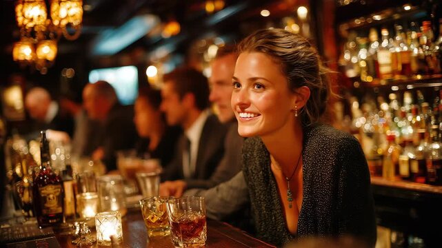A lively bar scene filled with laughter and warm light, featuring a smiling woman in a cozy atmosphere. The mood is joyful and inviting, reminiscent of classic gatherings in literature.