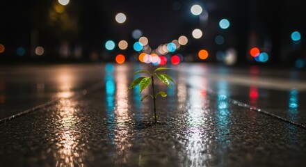 Resilient Green Plant Growing Through Urban Asphalt Under Soft Night Lights