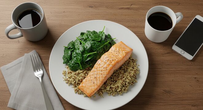 Healthy meal with grilled salmon, quinoa, and fresh spinach served on a wooden table with coffee and smartphone nearby - Powered by Adobe