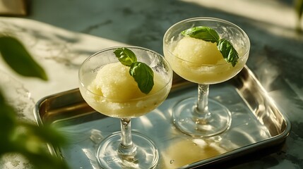 Two glasses of lemon sorbet with basil on zink tray
