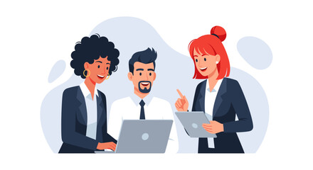 Diverse business team collaborating on laptop and tablet. Ideal for website banners, presentations, and marketing materials.