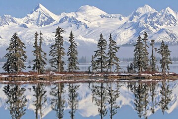 Snowy mountain range reflected in a calm lake, with a line of evergreens on a shoreline
