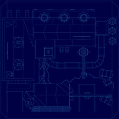 Low poly factory blueprint features precise contour lines and a detailed architectural layout. The design highlights structural elements, labeled sections, and machinery placement for industrial.