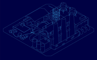 A low poly factory blueprint on a blue background displays intricate structural details and clean contour lines. The geometric design highlights industrial architecture with precision.