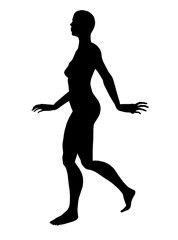 A black silhouette of a woman walking with arms outstretched against a clean white background. The figure exudes freedom and movement, captured in a minimalist style.