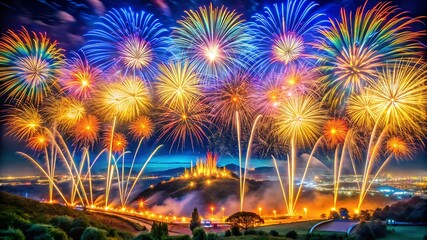 Spectacular fireworks illuminate the night sky over a city and a castle