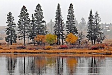 Misty autumnal landscape with a line of trees reflected in a calm lake
