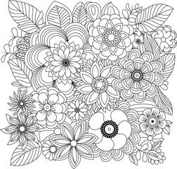 Intricate black and white floral pattern with detailed hand-drawn petals and leaves