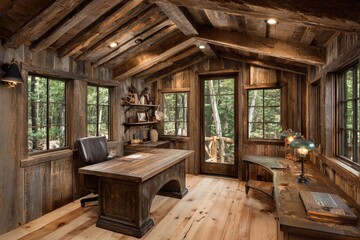 Rustic, wood-paneled office with large windows