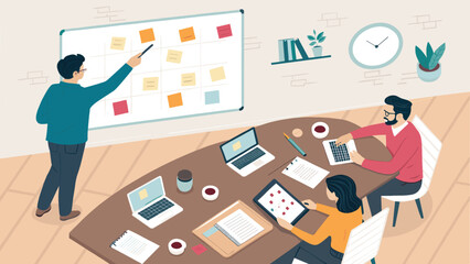 Team brainstorming session: Illustration of colleagues collaborating on a project, perfect for business presentations or website landing pages.