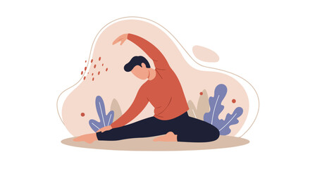 Man stretching, seated, with organic shapes and leaf-like shapes in the background