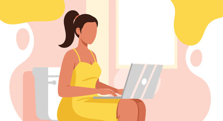 Woman working on laptop while sitting on toilet, illustration for blog post or social media.
