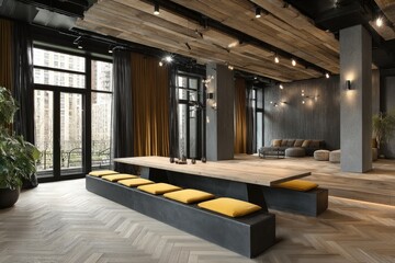 Naklejka premium Open-plan, modern space with wooden ceiling beams, large table, and mustard-yellow accents