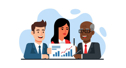 Diverse business team reviewing growth chart; ideal for presentations, reports, and websites.